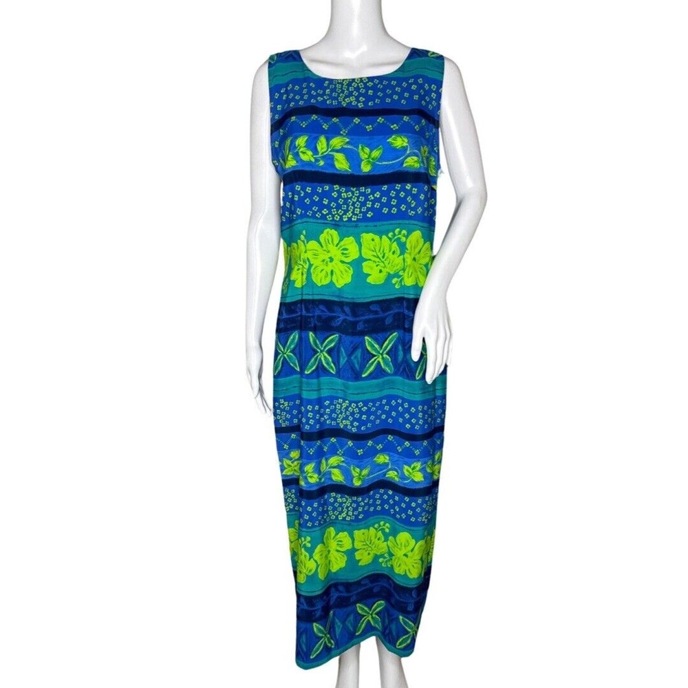 Kathie Lee Dress Women 10 Blue Green Floral Midi Dress Tropical Vacation Cruise